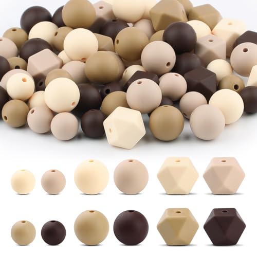 Silikonperlen, braun, rund, sechseckig, lose Abstandshalter, 3 Größen, 4 Farben, Retro, Gummiperlen für die Herstellung von Halsketten, Armbändern, Schlüsselanhängern (12 mm/15 mm), 100 Stück von Motroce