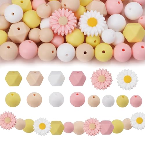 100 Stück Blumenförmige Silikonperlen Gänseblümchen, Rund Lose Silikonperlen Bastelperlen mit Nylonseil für Heimwerker Schlüsselanhänger Armbänder Halsketten Schmuckherstellung (4 Farben) von Mount Kumgang