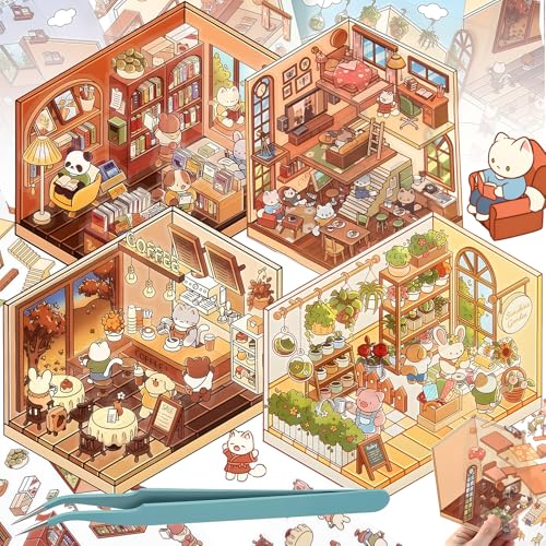 4 Set DIY 3D House Stickers, Cute Stickers DIY Scene Stickers Make Your Own Katzencafé, Buchhandlung, Bäckerei, sonniger Garten Miniatur Szenen Aufkleber Mit Tweezer Geschenk für Kinder von Mount Kumgang