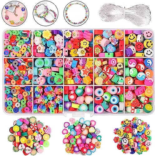 990 Stück Smiley Perlen Polymer Clay Beads Frucht Perlen Bunte Fädelperlen DIY Armbänder Kette Spacer Beads Kit Bastelset für Armband Haarband Basteln für die Herstellung von Schmuckarmbändern von Mount Kumgang