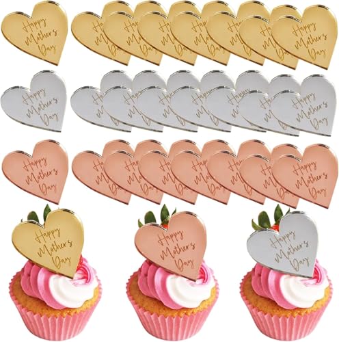 Cupcake-Topper "Happy Mother's Day", Acryl, Spiegel-Herz, Kuchendekoration, Kuchendekoration, Cupcake-Picks, Dekorationen für Muttertag, Party, Backen, Dessert, Dekoration, 24 Stück Cupcake-Topper "Happy Mother's Day", Acryl, Spiegel-Herz, Kuchendekoration, Kuchendekoration, Cupcake-Picks, Dekorationen für Muttertag, Party, Backen, Dessert, Dekoration, 24 Stück von Mounteps