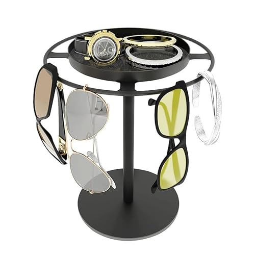 Mounteps 360° drehende Gläser Stand Organizer Edelstahl Brillen Display Rack mit Holz Tablett, platzsparende Sonnenbrille Halter für Schreibtisch, Kommode (Schwarz) von Mounteps