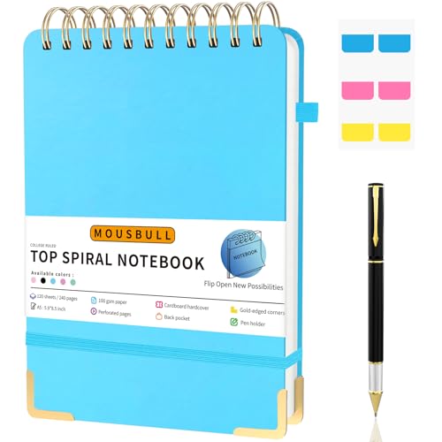 Mousbull Top Spiral-Notizbuch, A5, Hardcover, oben gebunden, Steno-Blöcke, 240 Seiten, 100 g/m², College-Notizbuch, liniert, für Arbeit, Schule, Meeting, Schreiben, Blau, 15 x 21,6 cm von Mousbull