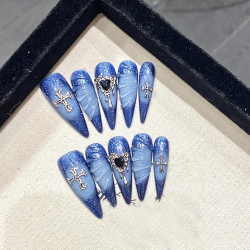 Handgefertigte Press on Nails Long MouyouGlow,Stiletto Blau Meer Airbrushing Glitzer 3D Herz Crystal Water Rib Cross Charms Chrome Sea Y2K Resuable Fake Nails,Handmade Künstliche 10Pcs,215-M von MouyouGlow