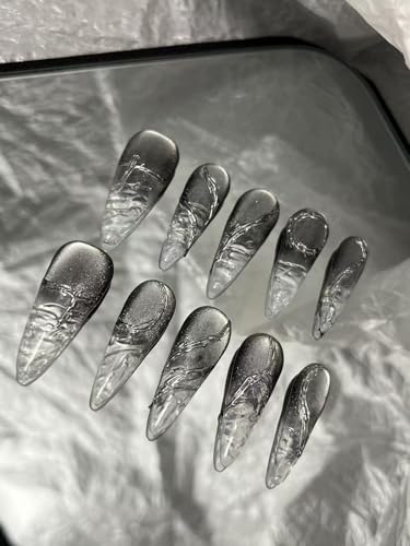 Handgefertigte Press on Nails Long MouyouGlow,Stiletto Ombre Siler Sheer 3D Twill Cat Eye Magnetic Silver Wavy Cool Chrome Y2K Resuable Fake Nails,Handmade Künstliche Fingernägel 10Pcs,216-M Handgefertigte Press on Nails Long MouyouGlow,Stiletto Ombre Siler Sheer 3D Twill Cat Eye Magnetic Silver Wavy Cool Chrome Y2K Resuable Fake Nails,Handmade Künstliche Fingernägel 10Pcs,216-M von MouyouGlow