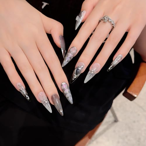 Handgefertigte Press on Nails Long MouyouGlow,Stiletto Siler 3D Striped Starss Chrome Mirror Metallic Sun Cool Y2K Schwermetall Resuable Fake Nails,Handmade Künstliche Fingernägel 10Pcs,214-S von MouyouGlow