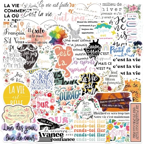 Warme Wünsche Aufkleber Positive Stickers, 50 Stück Französisch Freundliche Erinnerungen Buchaufkleber Set Motivierende Laptop Kleber, Wasserdichte Aufkleber für Kinder, Studenten, Familie von Movocaty