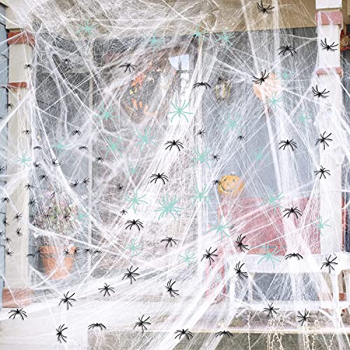 300 m² Halloween-Spinnennetz-Dekorationen, mit 10 im Dunkeln leuchten + 10 schwarzen gefälschten gruseligen Spinnen, super Stretch-Spinnweben, gruselig, Halloween, Innen- und Außenbereich, Büro, von Mowane