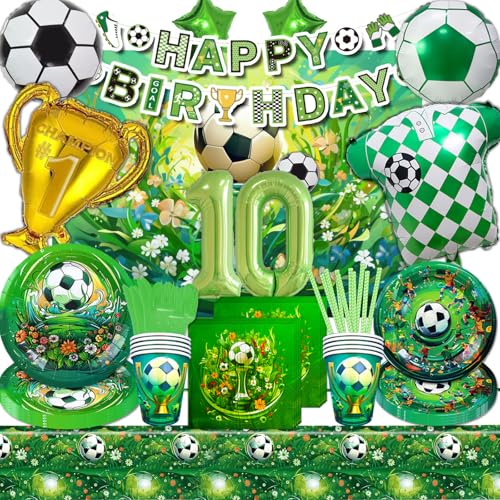 Mowtential 101 Stücke Fussball Party Deko 10 Jahre,2025 neu Grün Deko Geburtstag Junge,Fußball Geburtstag Tafelgeschirr,Luftballon,Hintergrund,Banner,Tischdecke,Serviette(Fussball Kinder 10 Jahre) von Mowtential