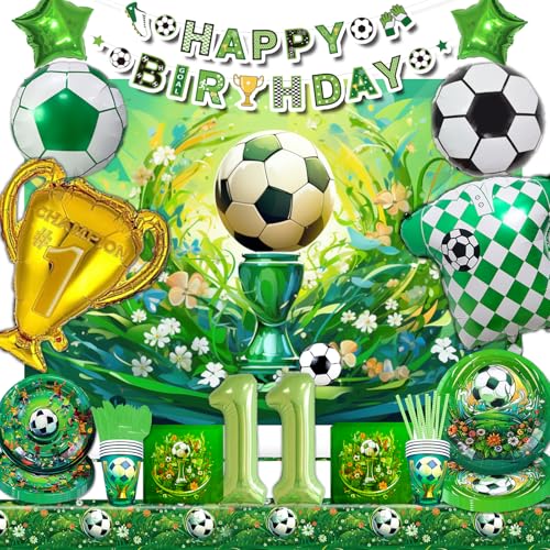 Mowtential 101 Stücke Fussball Party Deko 11 Jahre,2025 neu Grün Deko Geburtstag Junge,Fußball Geburtstag Tafelgeschirr,Luftballon,Hintergrund,Banner,Tischdecke,Serviette(Fussball Kinder 11 Jahre) von Mowtential
