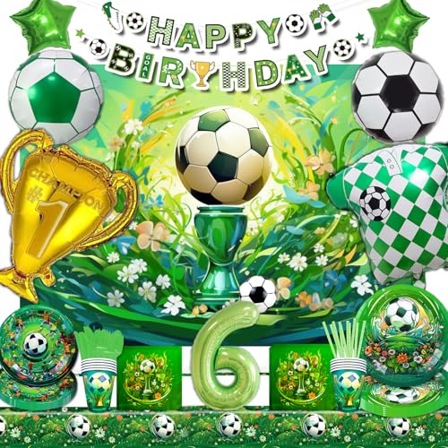 Mowtential 101 Stücke Fussball Party Deko 6 Jahre,2025 neu Grün Deko Geburtstag Junge,Fußball Geburtstag Tafelgeschirr,Luftballon,Hintergrund,Banner,Tischdecke,Serviette(Fussball Kinder 6 Jahre) von Mowtential