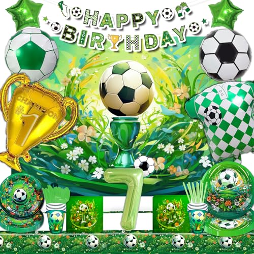 Mowtential 101 Stücke Fussball Party Deko 7 Jahre,2025 neu Grün Deko Geburtstag Junge,Fußball Geburtstag Tafelgeschirr,Luftballon,Hintergrund,Banner,Tischdecke,Serviette(Fussball Kinder 7 Jahre) von Mowtential