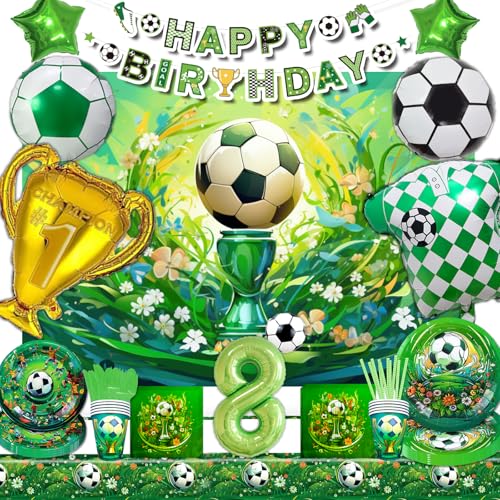 Mowtential 101 Stücke Fussball Party Deko 8 Jahre,2025 neu Grün Deko Geburtstag Junge,Fußball Geburtstag Tafelgeschirr,Luftballon,Hintergrund,Banner,Tischdecke,Serviette(Fussball Kinder 8 Jahre) von Mowtential