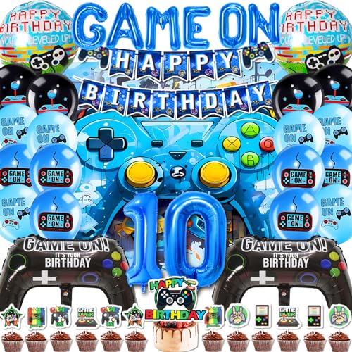 Mowtential 38 Stück Gamer Deko Geburtstag Party-Dekoration 10 Jahre,2025 neu Blau Geburtstag Deko Junge,Videospiel Luftballon,Kinder Videospiel Thema Party Zubehör (10 Jahre Gaming Luftballon) von Mowtential