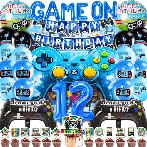 Mowtential 38 Stück Gamer Deko Geburtstag Party-Dekoration 12 Jahre,2025 neu Blau Geburtstag Deko Junge,Videospiel Luftballon,Kinder Videospiel Thema Party Zubehör (12 Jahre Gaming Luftballon) von Mowtential
