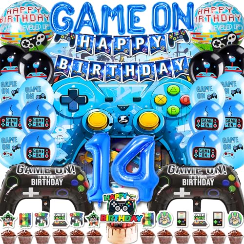 Mowtential 38 Stück Gamer Deko Geburtstag Party-Dekoration 14 Jahre,2025 neu Blau Geburtstag Deko Junge,Videospiel Luftballon,Kinder Videospiel Thema Party Zubehör (14 Jahre Gaming Luftballon) von Mowtential