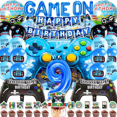 Mowtential 38 Stück Gamer Deko Geburtstag Party-Dekoration 9 Jahre,2025 neu Blau Geburtstag Deko Junge,Videospiel Luftballon,Kinder Videospiel Thema Party Zubehör (9 Jahre Gaming Luftballon) von Mowtential
