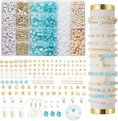 Perlen für Armbänder, Natürliche Amazonit Perlen zum Auffädeln mit Buchstabenperlen Zubehör, Edelstein Pearl Set mit Holzperlen, Boho Armbänd Schmuck Selber Machen Set für DIY Halsketten Handwerk (B) von Moxiewell