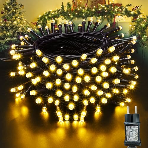 Moxled Lichterkette Weihnachtsbaum - 10M 100 LED Warmweiß Lichterkette Außen Strom mit Timer Speicherfunktion, Grünes Kabel, Wasserdicht 8 Modi Weihnachtsbeleuchtung für Garten Weihnachten Deko von Moxled