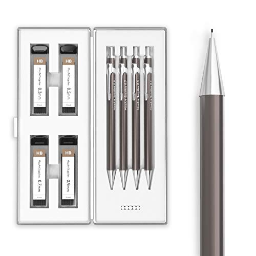 MozArt Druckbleistift-Set mit Etui - 4 Größen: 0.3, 0.5, 0.7 & 0.9mm mit je 30 HB-Minen und 4 Radiergummi-Minen - Skizzieren, Architektur, Zeichnen Druckbleistifte, Metall-Druckbleistift von MozArt Supplies