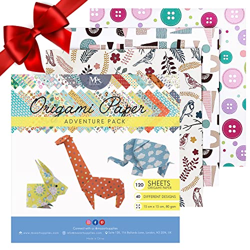 MozArt Supplies – Origami Papier Adventure Pack Set – 120 Faltblätter – traditionelles japanisches Bastelpapier mit 40 Mustern, Blumen, Tieren, Azteken – basteln Sie Blumen, Kraniche von MozArt Supplies