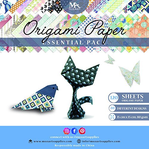 MozArt Supplies – Origami Papier Set – 120 Blätter – Traditionelles japanisches Faltblatt mit 40 Mustern, Blumen, Tieren, Azteken, geometrischen – Basteln Sie Blumen, Kraniche, Eulen, Drache von MozArt Supplies