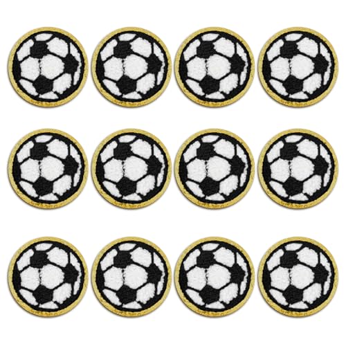 12 Stück Fußball Flicken zum Aufbügeln Aufbügelflicken mit Goldene Kanten Fußball Applikation Sport Aufnäher Aufbügler Bügelbild Patches für Jeans Kleidung Hüte Tasche Schuhe DIY von Mozeat Lens