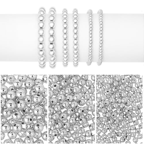 1200 Stück Silber Perlen zum Auffädeln Abstandshalter Perlen Kleine Abstandsperlen 4/6/8 mm Glatte Runde Perlen Lose Spacer Beads Nahtlose Kugelperlen für DIY Armband Halskette Schmuck Herstellung von Mozeat Lens