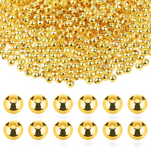 1500 Stück 4 mm Perlen mit Lochglatte Gold Runde Perlen Kleine Abstandsperlen Metall Perlen Mini Bastelperlen für DIY-Armbänder, Halsketten, Bastelarbeiten, Schmuckherstellungszubehör von Mozeat Lens
