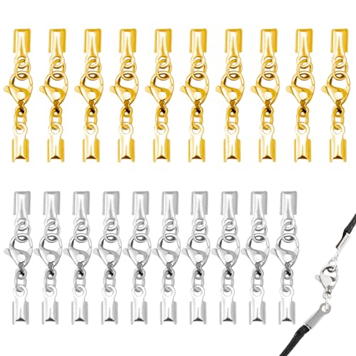 20 Stück Armband Verschluss für Schmuckherstellung mit Karabinerverschlüssen Edelstahl Halsketten Clipverschluss Kordel-Endkappen für DIY-Handwerk Lederband (Silber, Gold) von Mozeat Lens