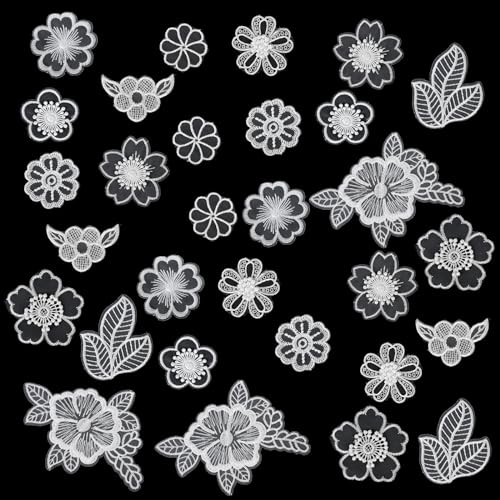 30 Stück Spitzen Applikations Flicken Blumen Spitzenpatches Stickerei 3D-Stoff Stickpatches Organza Lace Appliques Blumen-Aufnäher zum Reparatur und Dekoration von Kleidung (weiß) von Mozeat Lens