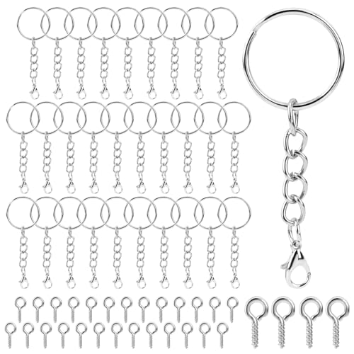 60 Stück Schlüsselanhänger Ring Set, Schlüsselring mit Kette Karabinerverschluss und Schrauböse Pins, Schlüsselanhänger Basteln Set, DIY Schlüsselringe für Schlüssel-Taschen Schmuckherstellung von Mozeat Lens