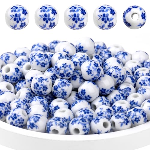 Keramikperlen, runde Porzellanperlen, 8 mm, blaue Blume, bedruckte Abstandshalter, handgefertigtes Porzellan-Bastelset für Schmuckherstellung, Zubehör, DIY, Handwerk, Armbänder, Halsketten, 100 Stück Keramikperlen, runde Porzellanperlen, 8 mm, blaue Blume, bedruckte Abstandshalter, handgefertigtes Porzellan-Bastelset für Schmuckherstellung, Zubehör, DIY, Handwerk, Armbänder, Halsketten, 100 Stück von Mozeat Lens