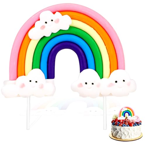 Regenbogen-Kuchenaufsatz, weiche Keramik, niedliche Regenbogenwolke, Kuchendekoration, bunter Regenbogen-Cupcake-Topper, personalisierbar, wiederverwendbar, Happy Birthday-Kuchenaufsatz, von Mozeat Lens