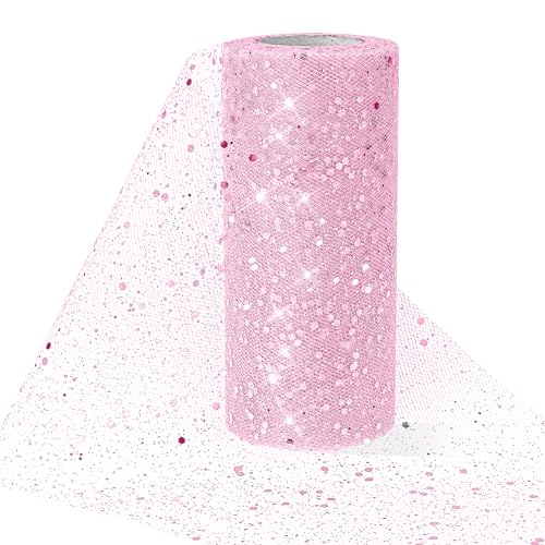 Tüll Stoff Rolle mit Kleine Pailletten, Glitzer Tüll Dekostoff 15 cm x 23 m Tüllstoff Glitzer Garn Tüll Deko Stoffe Dekostoff Tüllband für DIY Bekleidung & Deko Hochzeit Party Bankett (Rosa) von Mozeat Lens