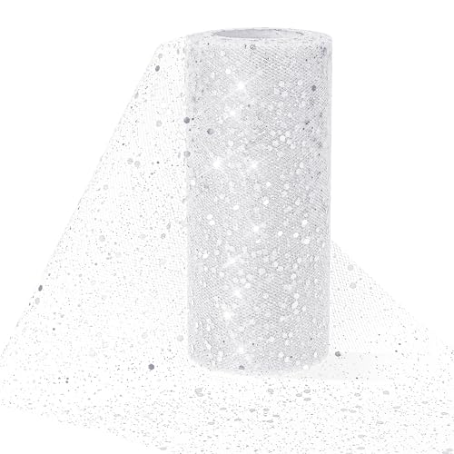 Tüll Stoff Rolle mit Kleine Pailletten, Glitzer Tüll Dekostoff 15 cm x 23 m Tüllstoff Glitzer Garn Tüll Deko Stoffe Weiß Dekostoff Tüllband für DIY Bekleidung & Deko Hochzeit Party Bankett von Mozeat Lens