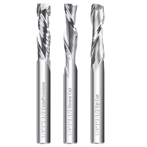 3 x Hartmetall-Spiralfräser-Bits, 6,35 mm Schaft, 6,35 mm Schnittdurchmesser, Vollhartmetall-Frässtifte für Holzarbeiten, Set mit 1 x Up-Down-Kompressionsfräser-Bit + 1 x Downcut-Bits + 1 x 3 x Hartmetall-Spiralfräser-Bits, 6,35 mm Schaft, 6,35 mm Schnittdurchmesser, Vollhartmetall-Frässtifte für Holzarbeiten, Set mit 1 x Up-Down-Kompressionsfräser-Bit + 1 x Downcut-Bits + 1 x von Mozeyerh