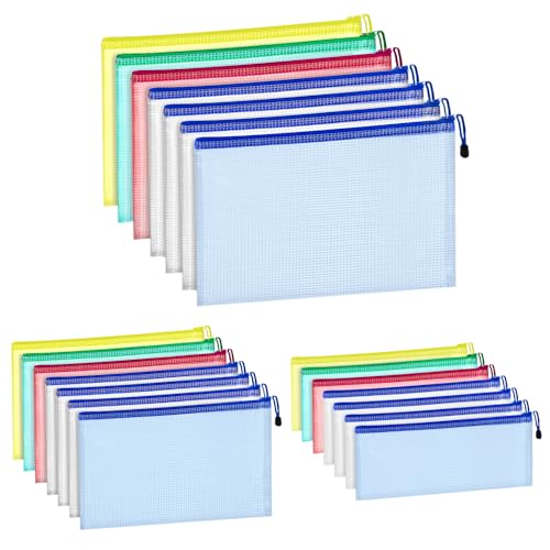 Mozvvco 21 Stück Dokumententasche A4+A5+A6 mit Reißverschluss, Wasserdichte Mesh Dokumentenmappe für Datei Papier Quittungen, Reißverschlusstasche für Bürobedarf Schulmaterial, Kosmetika, 5 Farben von Mozvvco