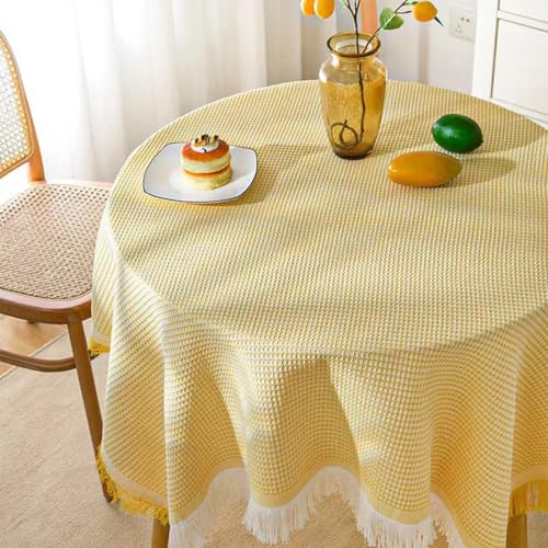 Mozzeilee Runde Quasten-Tischdecke, knitterfrei, waschbar, langlebig, Küche, Esszimmer, Bankett, Tischdekoration, Tischdecken für Picknick, Camping (Gelb, 140 x 140 cm) von Mozzeilee