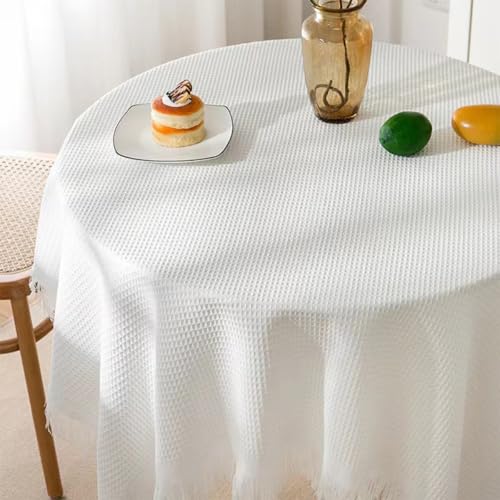 Mozzeilee Runde Quasten-Tischdecke, knitterfrei, waschbar, langlebig, Küche, Esszimmer, Bankett, Tischdekoration, Tischdecken für Picknick, Camping (Weiß, 100 x 100 cm) von Mozzeilee