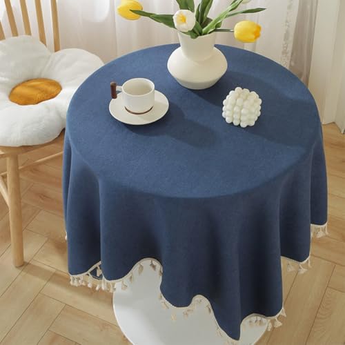 Mozzeilee Runde Tischdecke, öldicht, wasserdicht, runde Tischdecke mit Quasten, für Weihnachten, Hochzeit, Geburtstag, Party, Buffet, Tischdekoration (Marineblau, 180,3 cm rund) von Mozzeilee