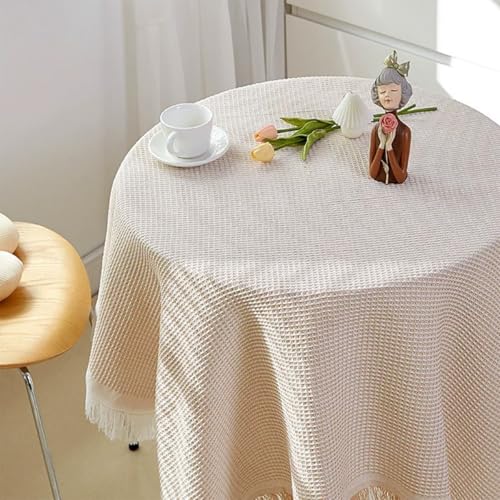 Mozzeilee Runde Tischdecke, staubdichte Tischdecke mit Quasten, knitterfrei, abwischbar, Tischdecke für Küche, Esszimmer, Picknick, Tisch, Bauernhaus-Party (Kaffee, 150 x 150 cm) von Mozzeilee