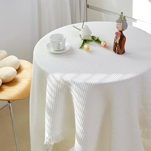 Mozzeilee Runde Tischdecke, staubdichte Tischdecke mit Quasten, knitterfrei, abwischbar, Tischdecke für Küche, Esszimmer, Picknick, Tischplatte, Bauernhaus-Party (Weiß, 50 x 50 cm) von Mozzeilee