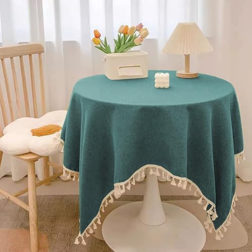 Mozzeilee Runde Tischdecke, waschbare Baumwoll-Leinen-Tischdecke mit Quasten, knitterfrei, verblasst nicht, für Küche, Esszimmer, Erntedankfest, Weihnachten (Blau, 200,7 cm rund) von Mozzeilee
