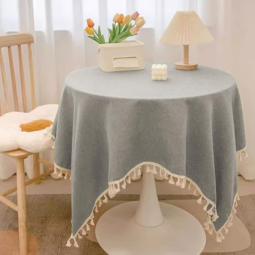 Mozzeilee Runde Tischdecke, waschbare Baumwoll-Leinen-Tischdecke mit Quasten, knitterfrei, verblasst nicht, für Küche, Esszimmer, Erntedankfest, Weihnachten (Grau, 200,7 cm rund) von Mozzeilee