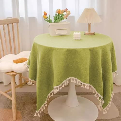 Mozzeilee Runde Tischdecke, waschbare Baumwoll-Leinen-Tischdecke mit Quasten, knitterfrei, verblasst nicht, für Küche, Esszimmer, Erntedankfest, Weihnachten (Grün, 200,7 cm rund) von Mozzeilee