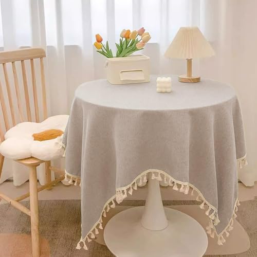 Mozzeilee Runde Tischdecke, waschbare Baumwoll-Leinen-Tischdecke mit Quasten, knitterfrei, verblasst nicht, für Küche, Esszimmer, Erntedankfest, Weihnachten (Hellgrau, 200,7 cm rund) von Mozzeilee