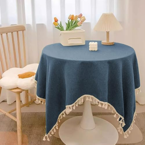 Mozzeilee Runde Tischdecke, waschbare Baumwoll-Leinen-Tischdecke mit Quasten, knitterfrei, verblasst nicht, für Küche, Esszimmer, Erntedankfest, Weihnachten (Marineblau, 180,3 cm (rund) von Mozzeilee