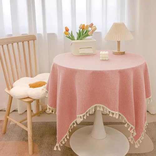 Mozzeilee Runde Tischdecke, waschbare Baumwoll-Leinen-Tischdecke mit Quasten, knitterfrei, verblasst nicht, für Küche, Esszimmer, Erntedankfest, Weihnachten (Rosa, 200,7 cm rund) von Mozzeilee