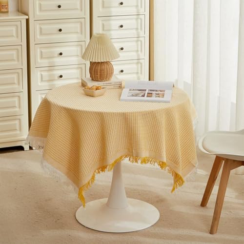 Mozzeilee Runde Tischdecke mit Quasten, staubdicht, Tischdecke für Küche, Picknick, Esszimmer, Tischdekoration, langlebig, knitterfrei, waschbar, Tischdecke (Gelb, 150 x 150 cm) von Mozzeilee